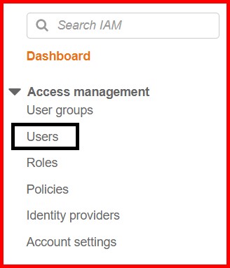 Picture showing the users menu option in aws console